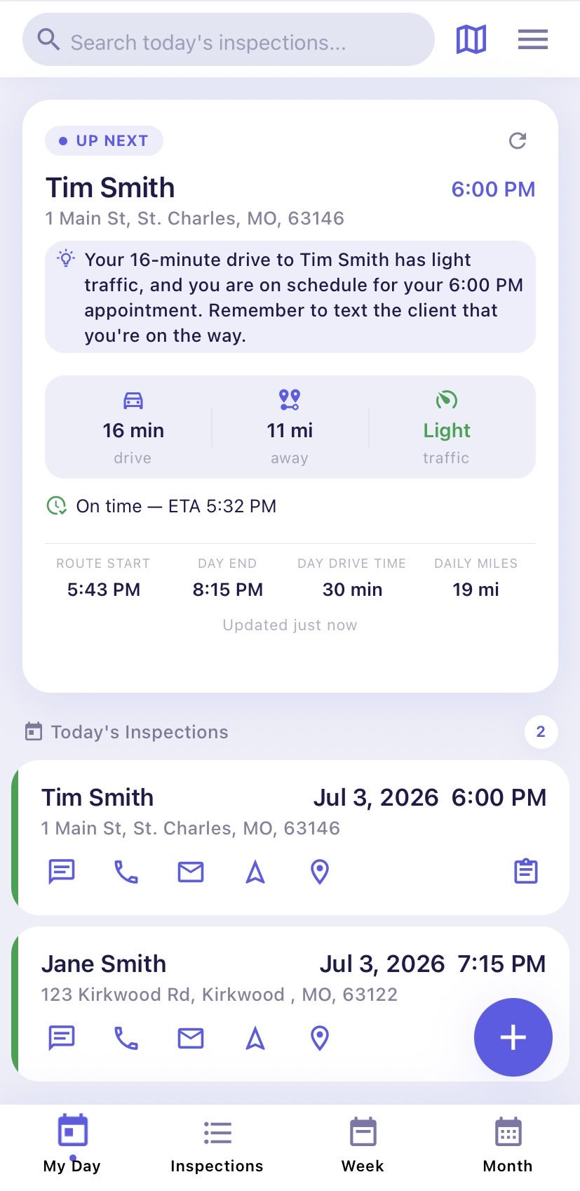 Zanbi My Day screen showing the next inspection, drive time, live traffic, and an AI briefing