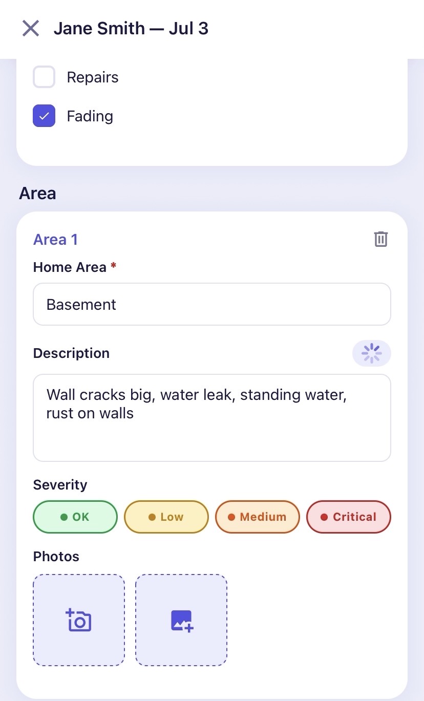 A custom Zanbi walkthrough form with areas, a description, severity ratings, and photo slots